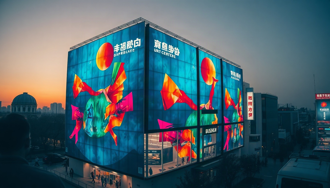 애니 게임 - Busan department store facade at night with colorful projection mapping light show and Christmas theme, anime game fandom festival mood