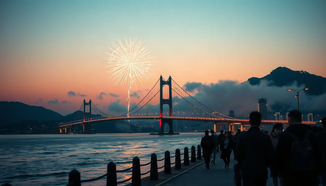 영도다리축제 고등어축제 - fireworks over the sea at night near a lift bridge in Busan, Yeongdo bridge festival and mackerel festival autumn atmosphere, wide landscape shot with no people