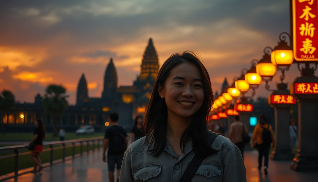 캐치트래블 캘린더 - Korean woman upper body shot with face visible, smiling in front of Angkor Wat temple at sunset, warm winter getaway, catch travel calendar trip, natural hands