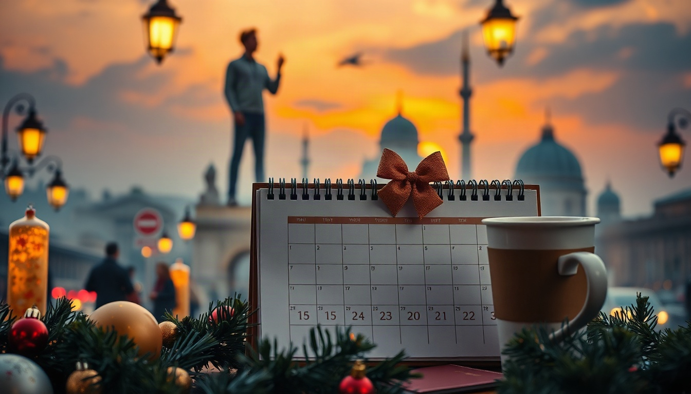 캐치트래블 캘린더 - flat lay of travel planner calendar with Christmas ornaments, passport and coffee cup on cozy beige blanket, catch travel calendar year end trip concept