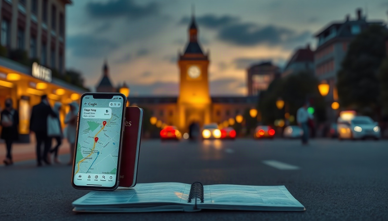 구글 지도 - Google Maps travel concept, flat lay of smartphone showing map app, passport, autumn leaves and coffee cup on cozy beige blanket, overhead view