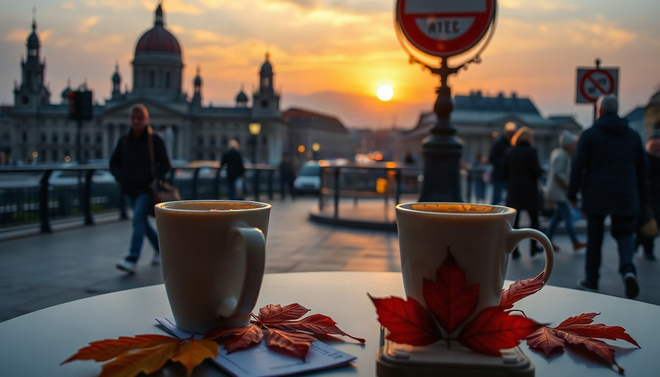 배윤규 누나 - overhead view of two coffee cups, train tickets and autumn leaves on cafe table by the sea, sibling trip planning inspired by Bae Yoon-kyu noona drama