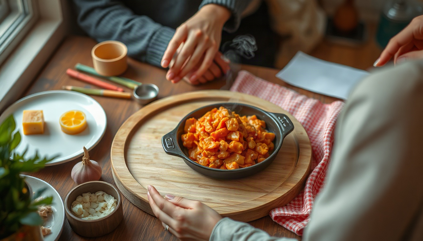 요리 레시피 - Korean woman upper body shot with face visible, cooking recipe in cozy warm kitchen with autumn vegetables on counter, natural hands