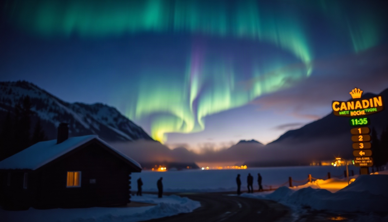 리프트권 하나로 - snowy Canadian Rockies night sky with aurora over frozen lake and cozy log cabin, winter trip after ski day with one lift ticket, wide landscape shot