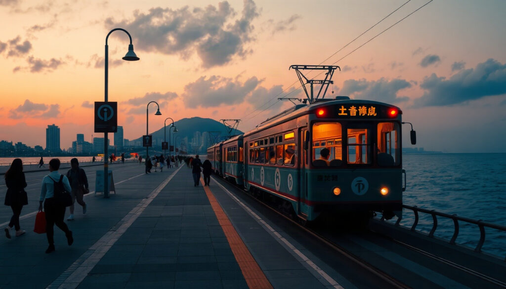 장영란 장예원 - Haeundae beach train running along the coastline with sparkling ocean at sunset, Busan local travel course inspired by Jang Young-ran and Jang Ye-won, late autumn mood