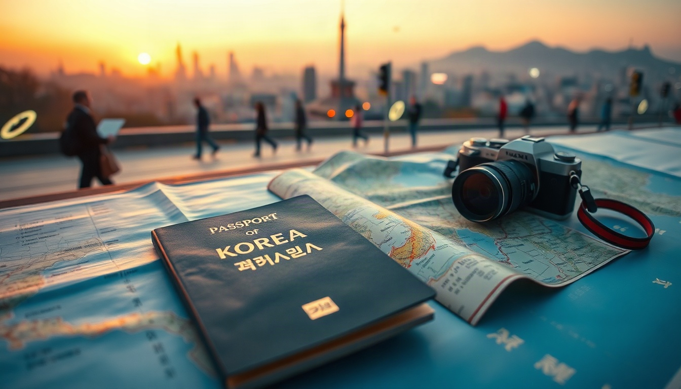 한일 커플 - flat lay of two passports, film camera, and travel map of Korea and Japan on wooden table, Korea Japan couple travel planning
