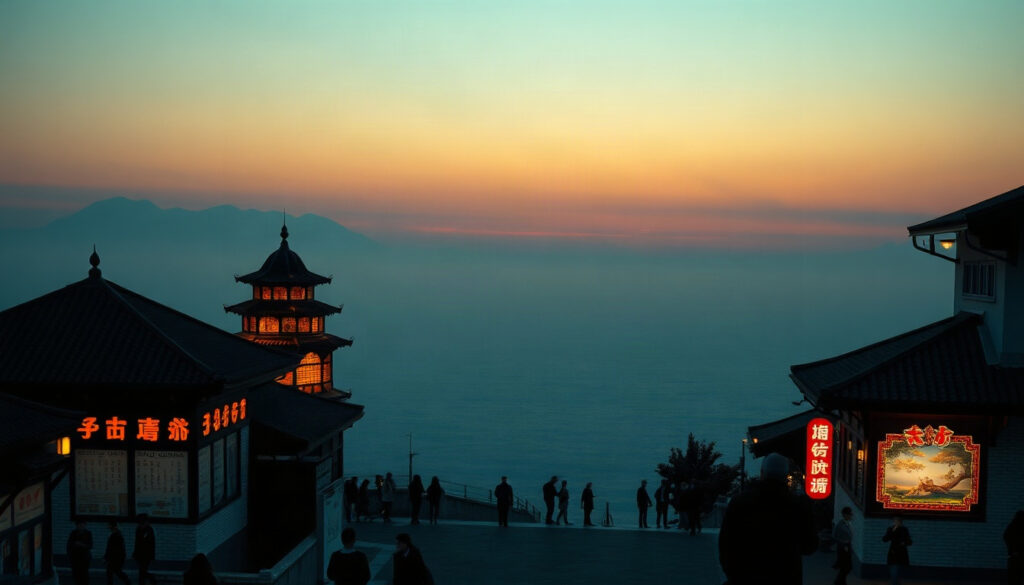 모두투어 번째 - scenic view of Xiamen Gulangyu island colonial buildings and sea at sunset, Modetour N-th city China travel concept, warm winter tones
