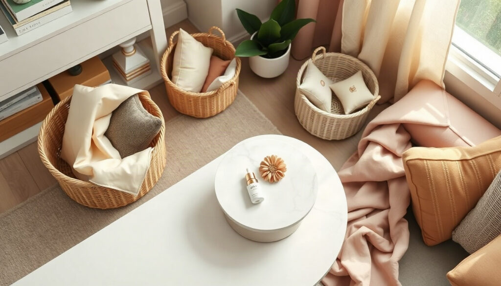집 정리 방법 - overhead view of tidy Scandinavian living room with neutral storage baskets and folded blankets, home organization method concept, warm autumn light