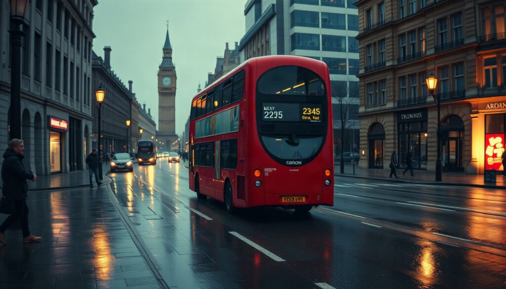 런던 여행 - red double decker bus on rainy London street in autumn, London travel scene with golden trees, wide shot
