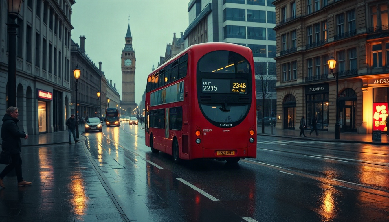 런던 여행 - red double decker bus on rainy London street in autumn, London travel scene with golden trees, wide shot