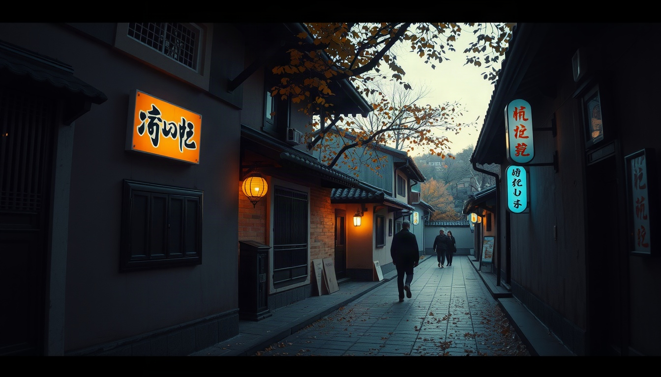 혼자 여행 - quiet Korean hanok alley in late autumn with fallen leaves, solo travel destination, warm afternoon light, no people