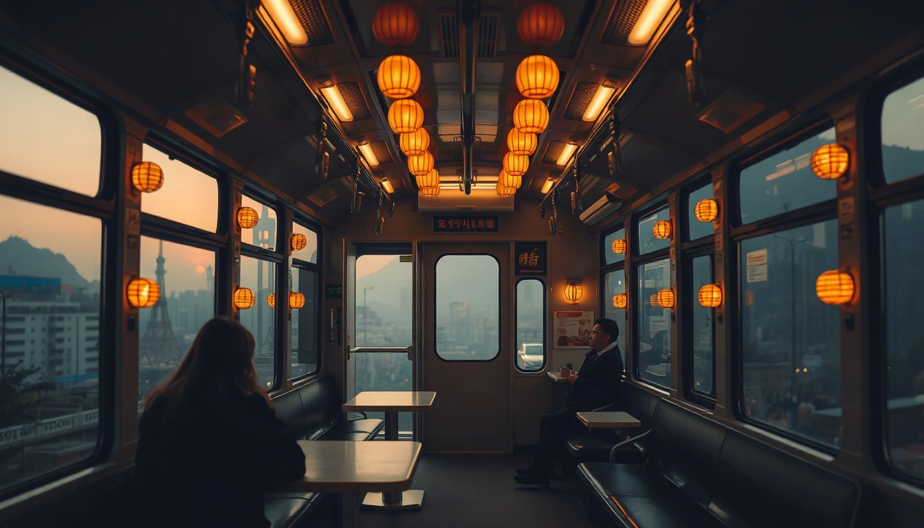 코레일관광네트웍 - cozy Korean tourist train interior decorated with ramen theme, snack cart in aisle, korail tourism ramen popup train concept, warm autumn light