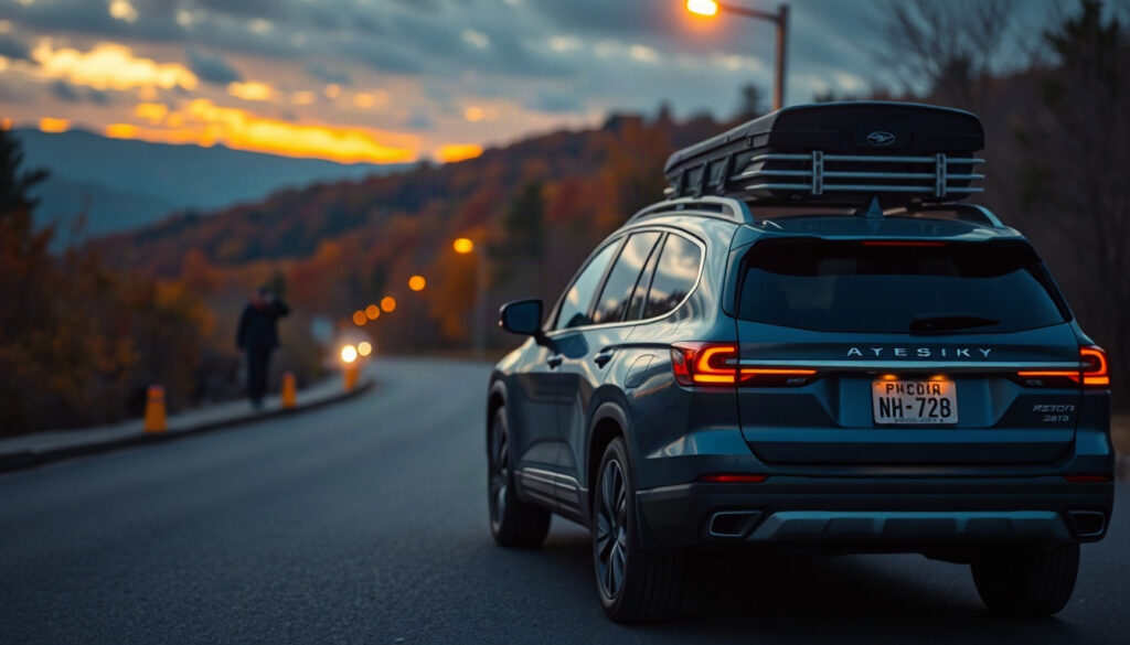 추천한 자동차 - modern SUV parked on a scenic mountain road with colorful autumn foliage, AI recommended car for road trip concept, wide landscape shot