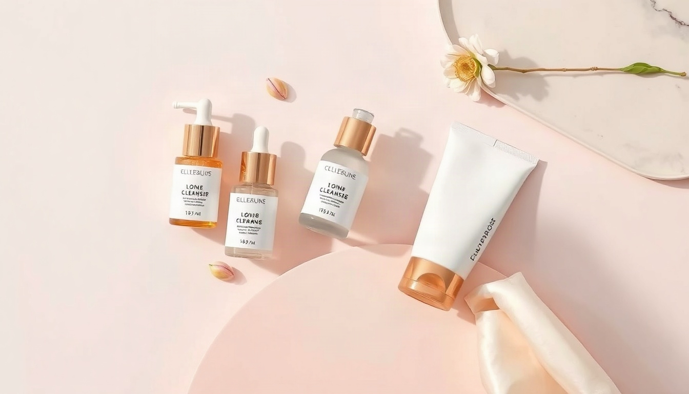 스킨케어 루틴 - flat lay of minimal skincare routine products, cleanser toner serum and moisturizer on cozy beige knit fabric, winter morning light, overhead view