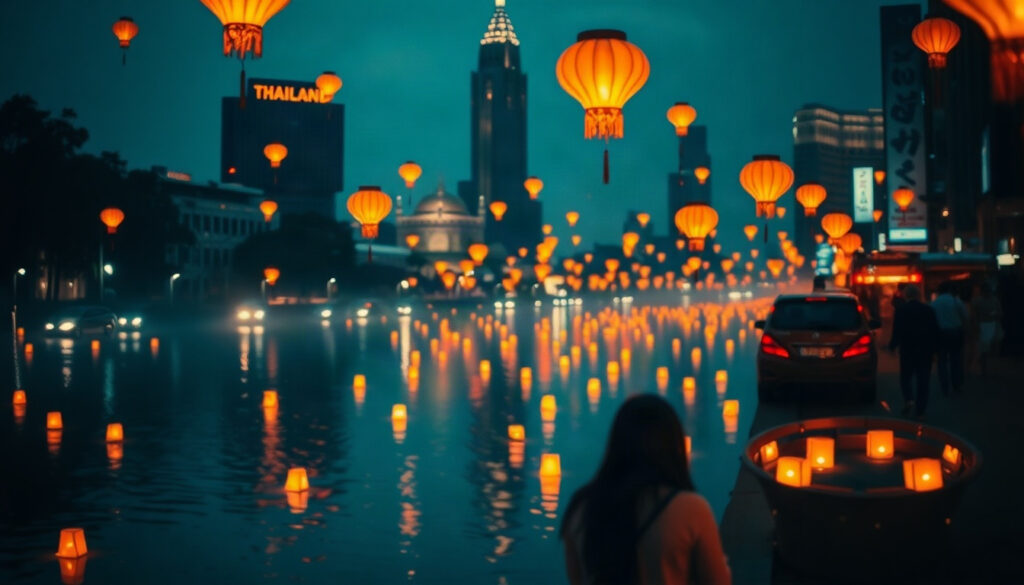 태국 여행 - Thailand travel scene of floating krathong lanterns on river at night, warm golden light, dreamy atmosphere