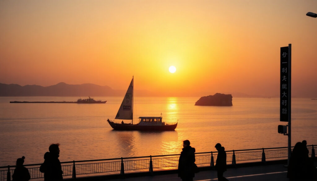 가을 품은 - scenic autumn sunset over calm sea and islands in Sacheon Korea, golden sky reflecting on water, autumn travel mood