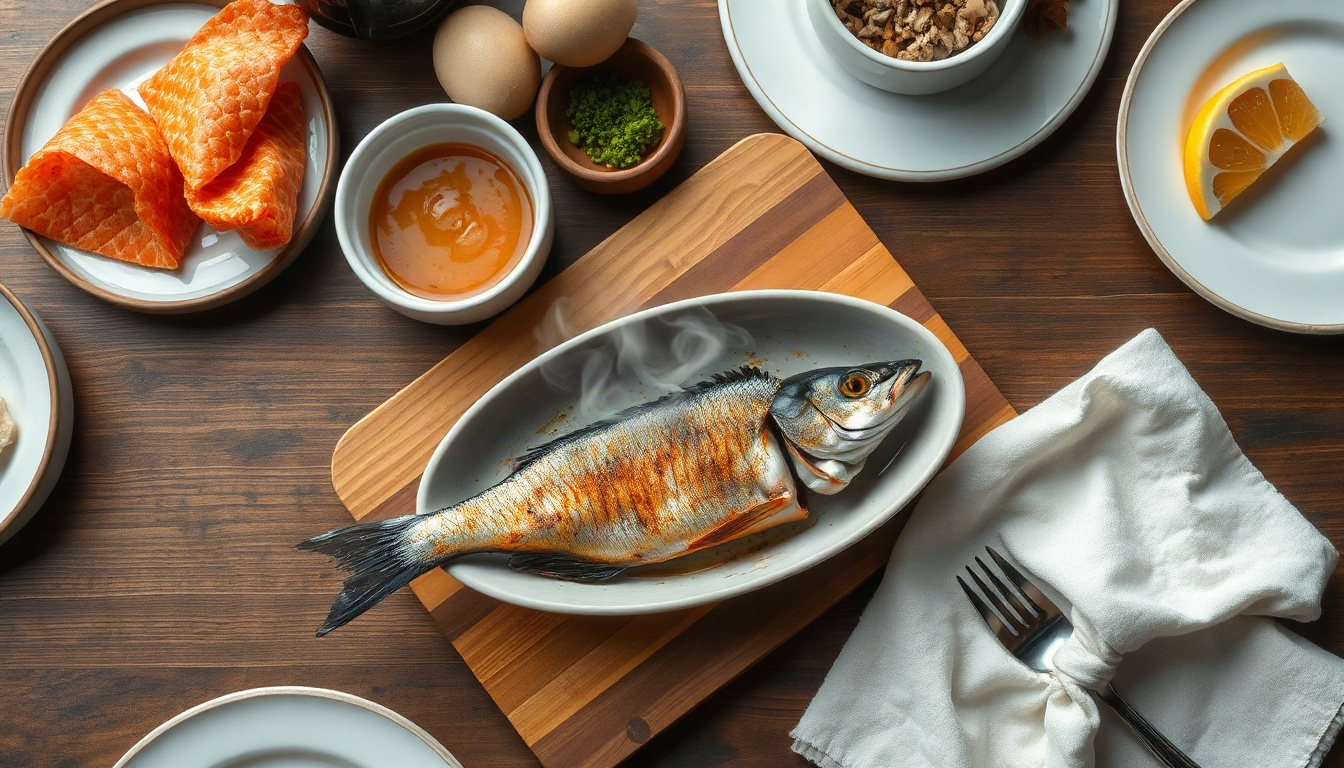 영도다리축제 고등어축제 - grilled mackerel and fresh seafood flat lay on wooden table at Korean seaside food market, mackerel festival Busan concept, overhead view