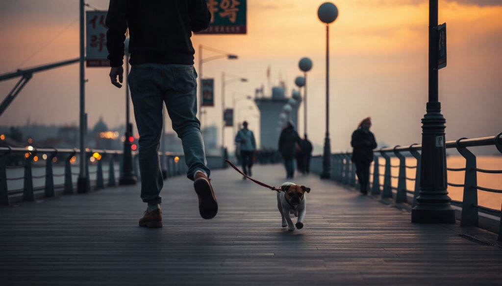 반려동물과 인천 - small dog walking on leash along seaside boardwalk at Sorae port Incheon in autumn, travel with pets in Incheon, no people