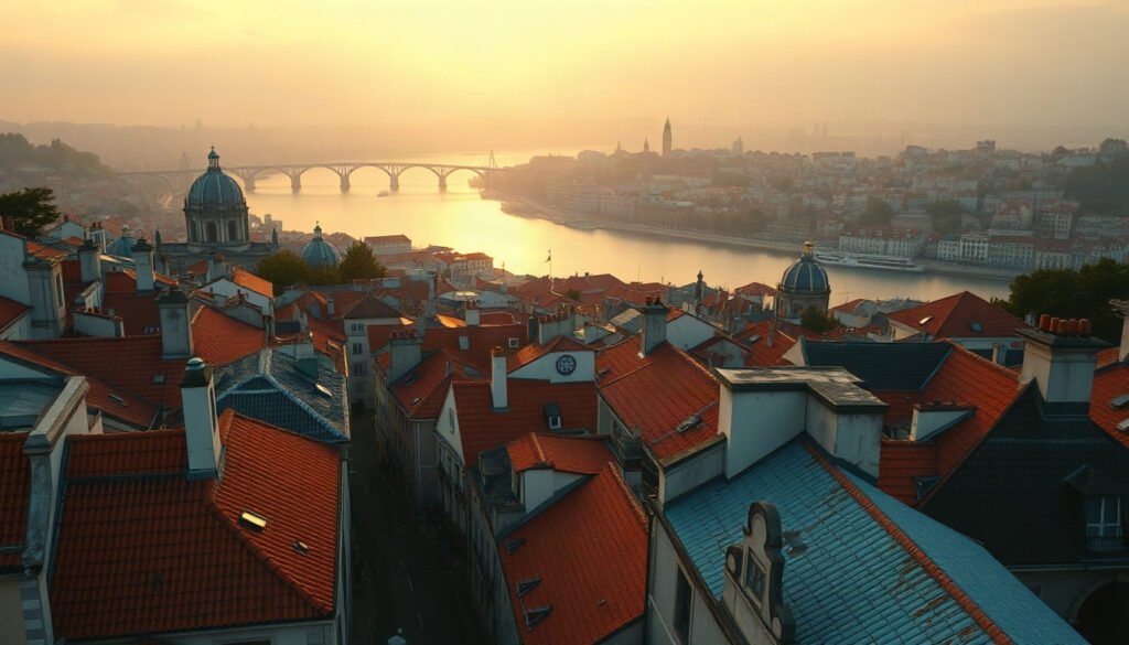 인터뷰 풍경도 - overhead view of Lisbon colorful tiled rooftops and Tagus river at golden hour, Portugal interview landscape travel concept