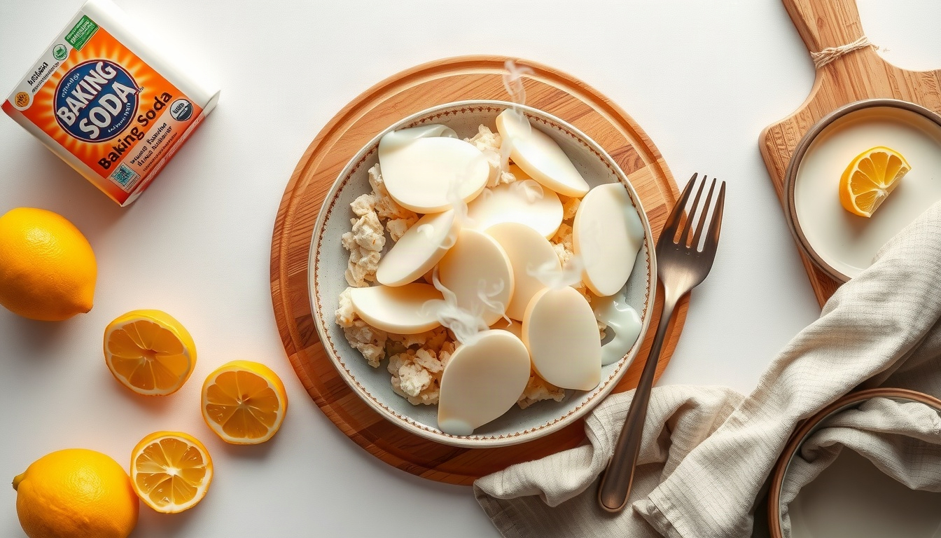청소 꿀팁 - flat lay of baking soda, lemon slices, spray bottle and microfiber cloth on white kitchen counter, natural cleaning tips concept