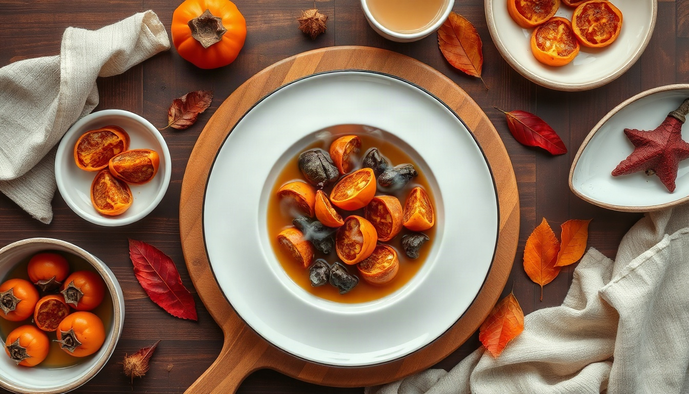 동네 바퀴 - flat lay of dried persimmons, red ginseng tea and autumn leaves on wooden table, Jinan neighborhood walk local food concept