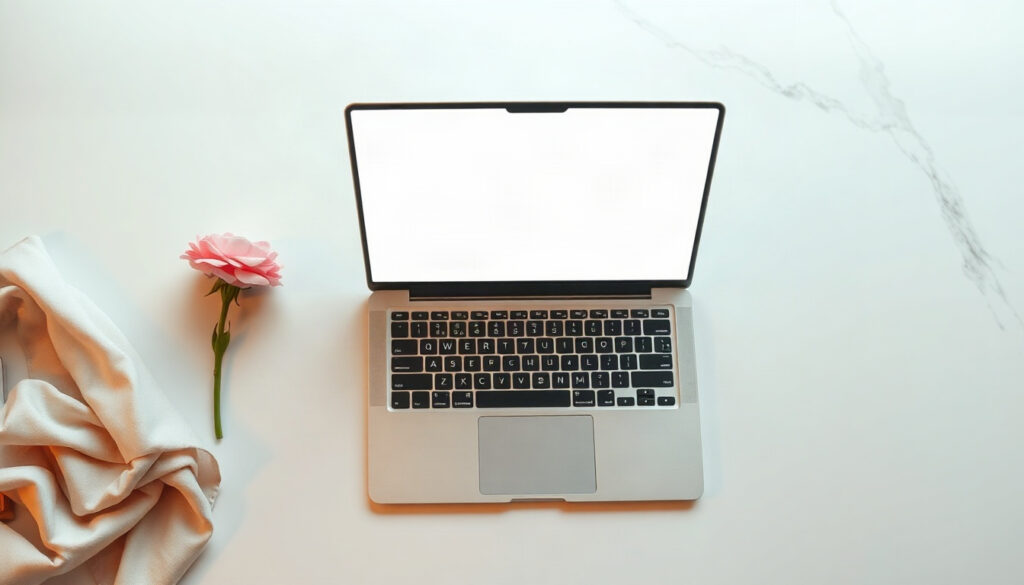 디자인 화면의 - overhead view of laptop on pastel desk showing a clean graphic design screen layout with left sidebar and canvas, design screen menu concept
