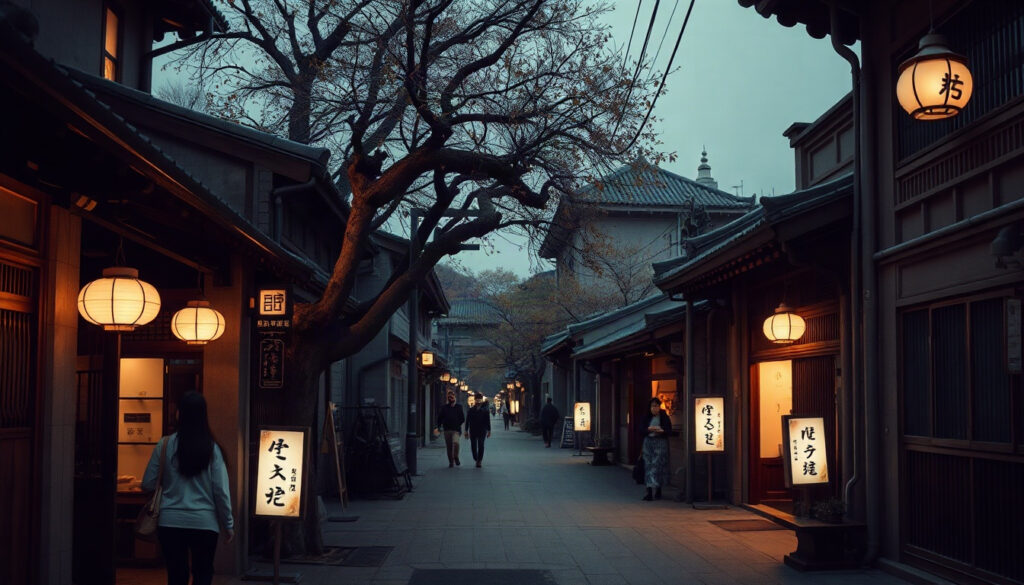 일본 대신 - scenic Korean small town alley with autumn leaves and traditional hanok cafes, travel in Korea instead of Japan concept, warm golden light