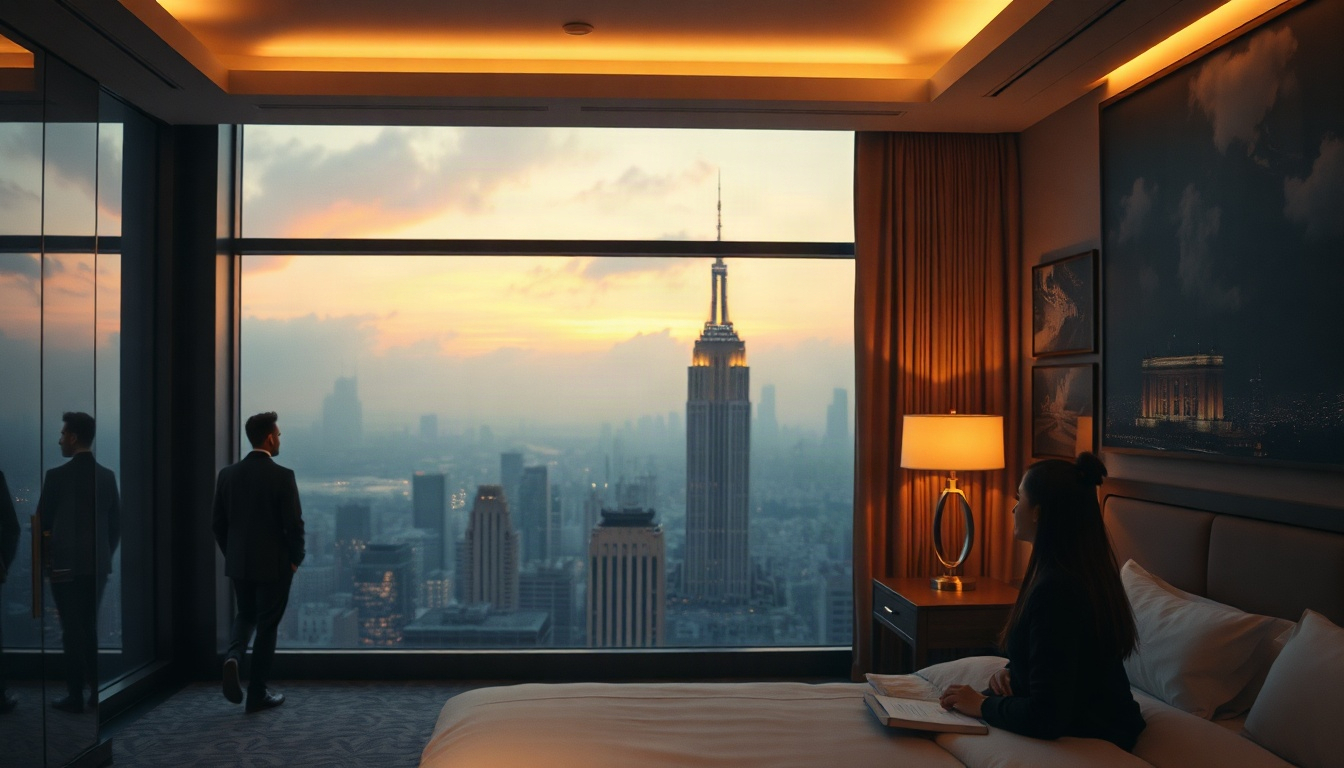 라이프 트렌드 - cozy luxury hotel room with city night view and warm lighting in early winter, life trend travel concept, no people