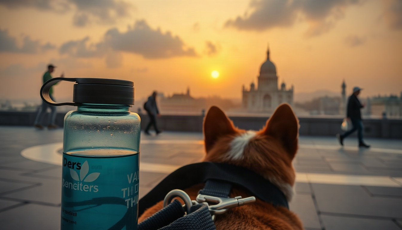 반려동물과 인천 - flat lay overhead view of pet travel essentials, dog leash, portable water bottle, poop bags and small towel on wooden floor, travel with pets in Incheon concept