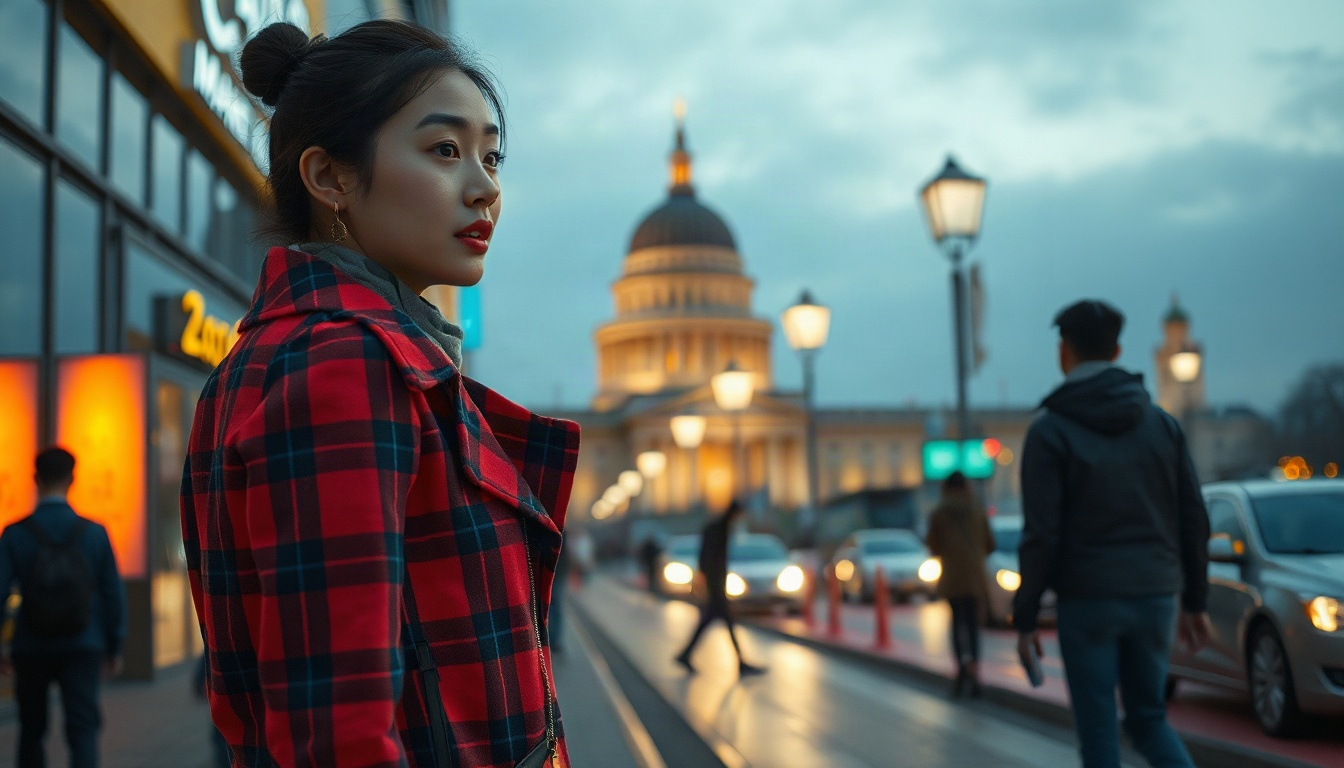 패션 트렌드 - Korean woman full body shot with face visible, wearing 2026 fashion trend tartan coat with floral brooch and wide pants on autumn city street