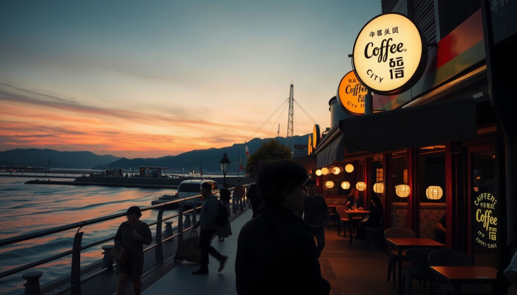 커피 도시 - coffee city Gangneung seaside cafe street at golden hour, ocean view terrace with coffee cups on wooden table, autumn atmosphere, no people