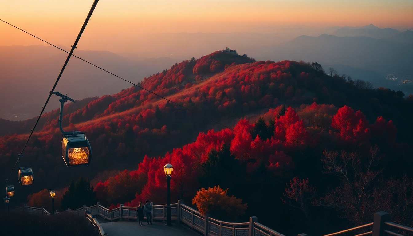 대구 관광 - Palgongsan mountain autumn foliage with cable car over red and orange trees, Daegu tourism scenic overhead view