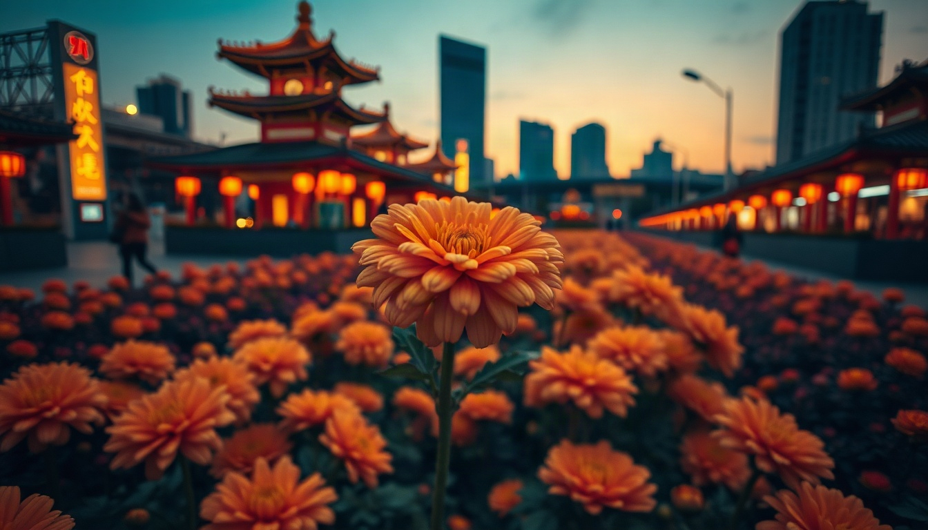 축제를 눈에 - colorful chrysanthemum festival garden in Korean autumn, overhead view of flower sculptures, festival to see with your eyes, warm sunset light