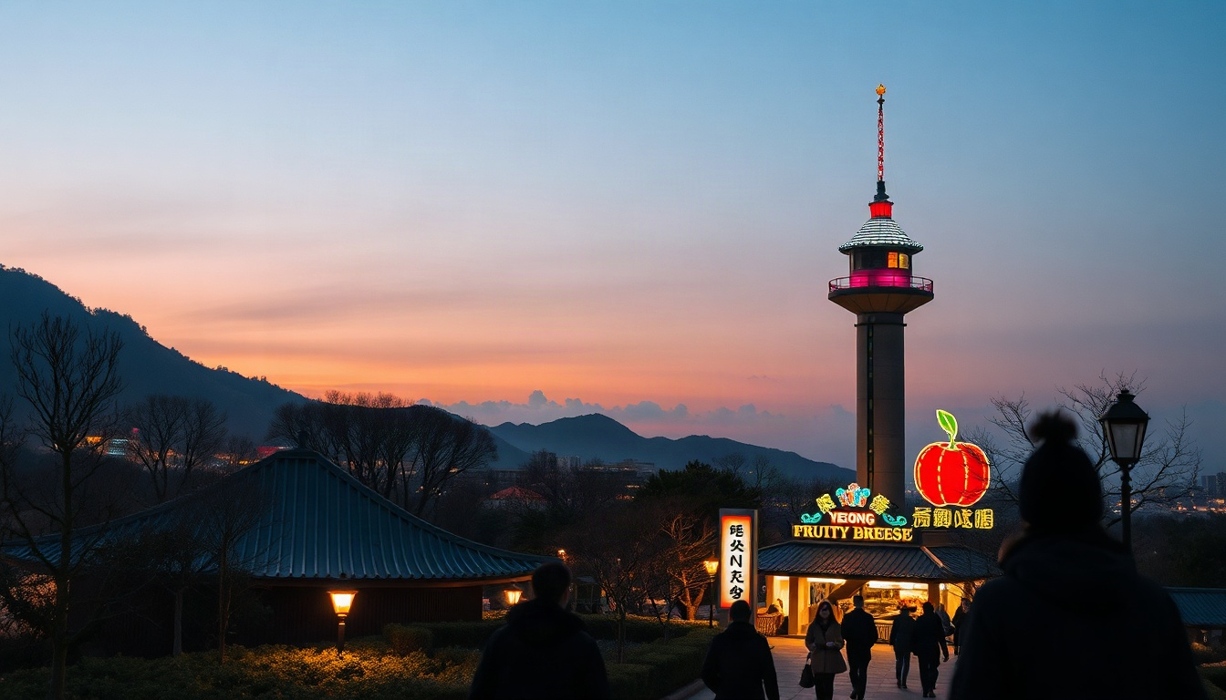 과일향 바람 - Yeongdong wine observatory tower and fruit theme park in autumn, fruity breeze scenery with colorful trees, wide angle view