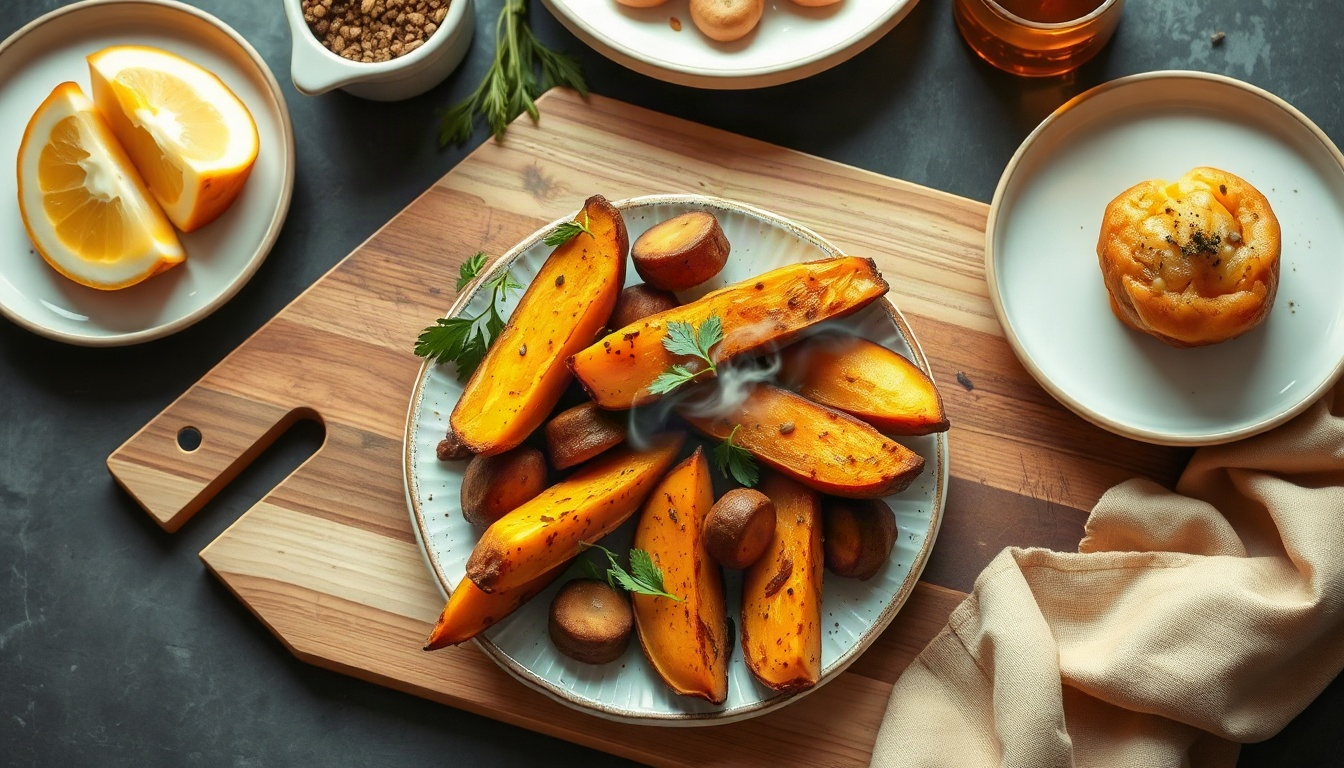에어프라이어 요리 - overhead view of air fryer cooking with golden roasted sweet potatoes and vegetables in basket on cozy wooden kitchen counter, autumn mood