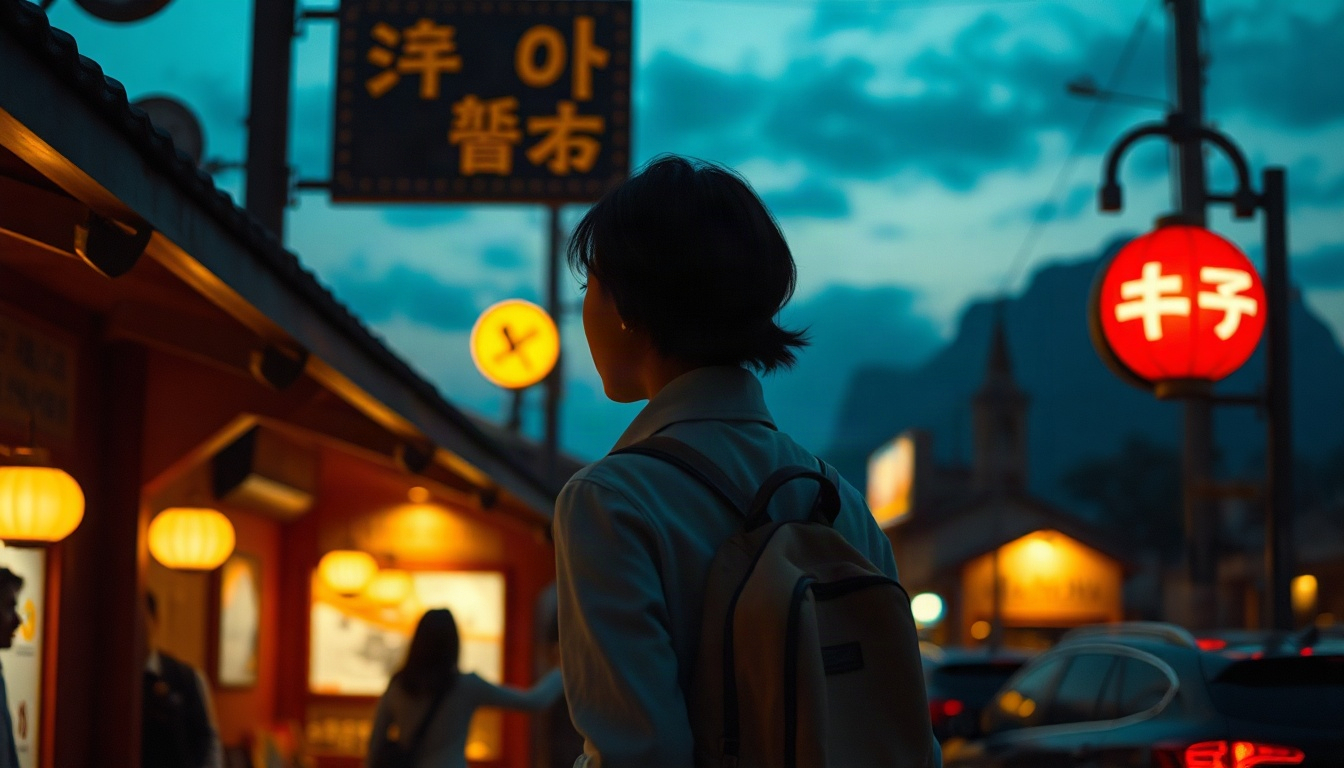 크루즈 방한객 - Korean woman upper body shot with face visible, walking along seaside village alley near cruise port, cruise visitors to Korea travel mood, natural hands