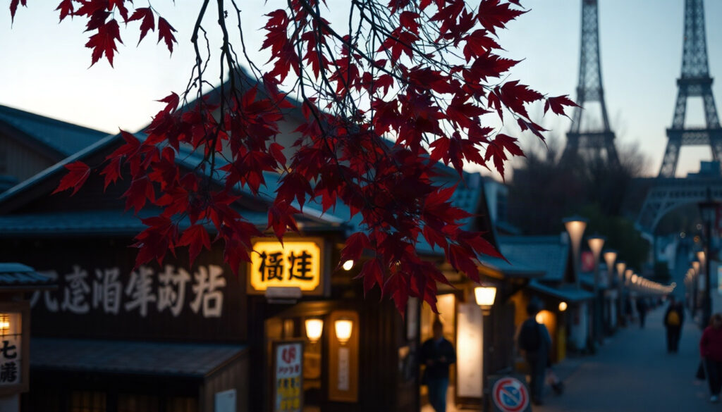 부킹닷컴이 짚은 - quiet traditional Japanese small town street in autumn with red maple leaves and wooden houses, no crowds, Booking.com Japan tourism challenge concept, soft warm light