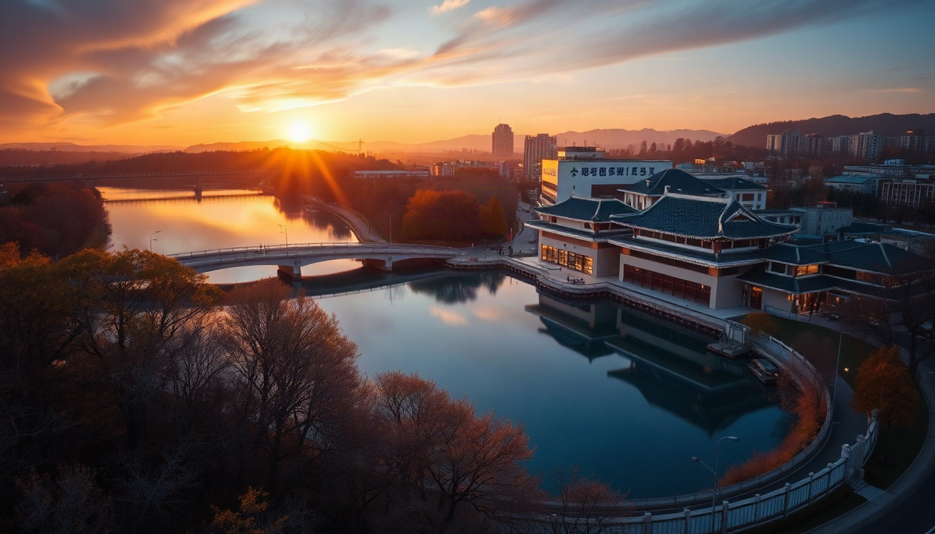 추진 속도 - overhead view of Suseong Lake in Daegu at sunset with autumn trees, warm pastel sky, Daegu travel momentum concept