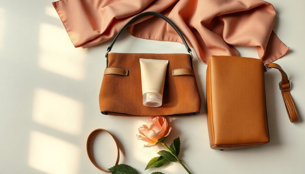 가방 추천 - flat lay overhead view of autumn handbags in brown suede hobo bag and camel leather tote bag on beige knit fabric, bag recommendation fashion concept