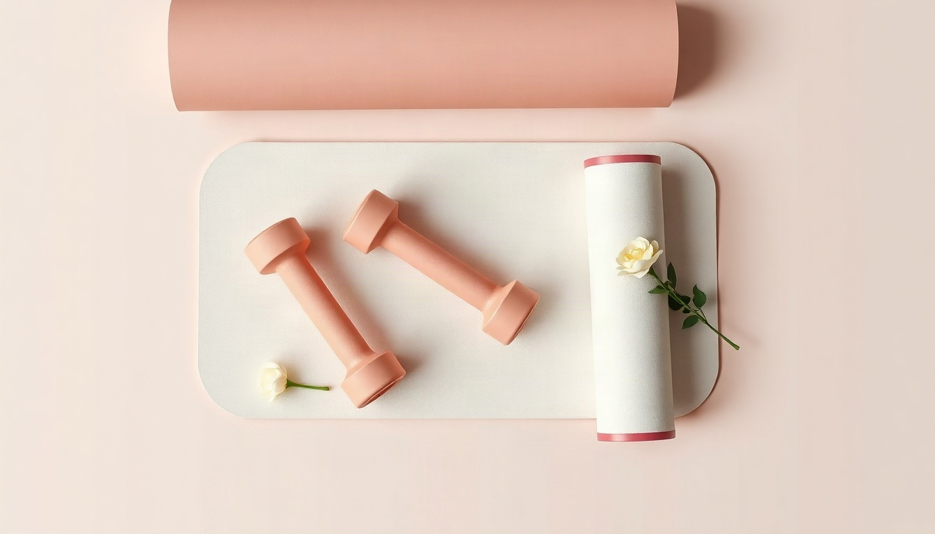 홈트 루틴 - flat lay of yoga mat, light dumbbells, resistance loop band and foam roller on wooden floor, home workout routine essentials, overhead view