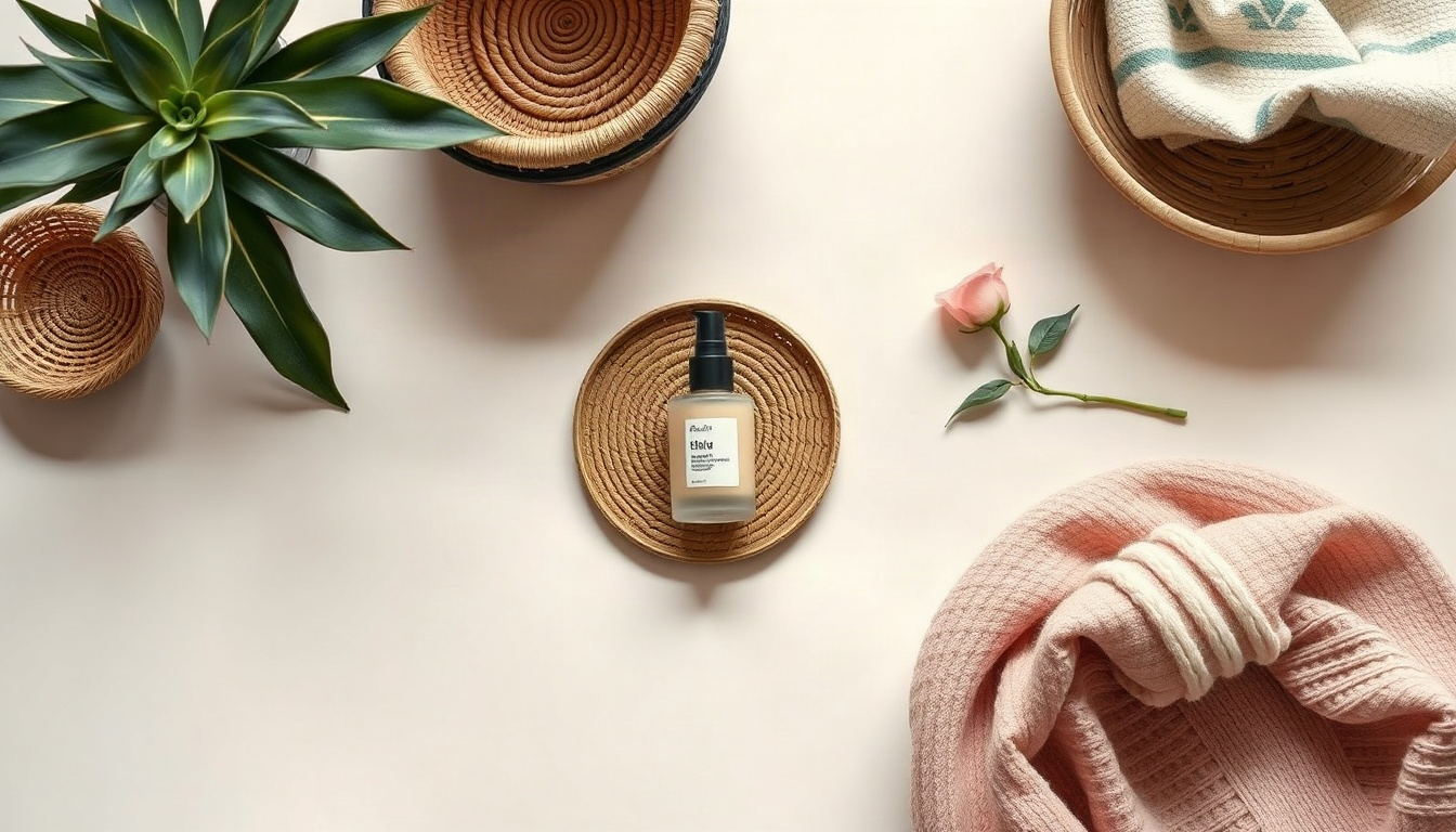 원룸 꾸미기 - overhead view of rattan storage baskets, knit throw blanket and small plant on low wooden cabinet, one room decorating storage idea, flat lay