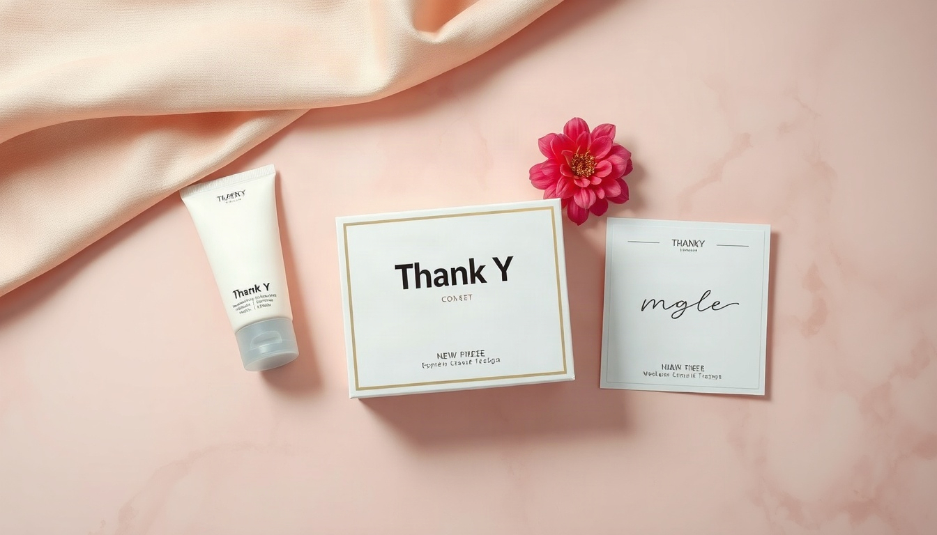 패키지 디자인 - overhead view of printed package design labels, stickers and handwritten thank you cards arranged on wooden table, cozy small brand packaging