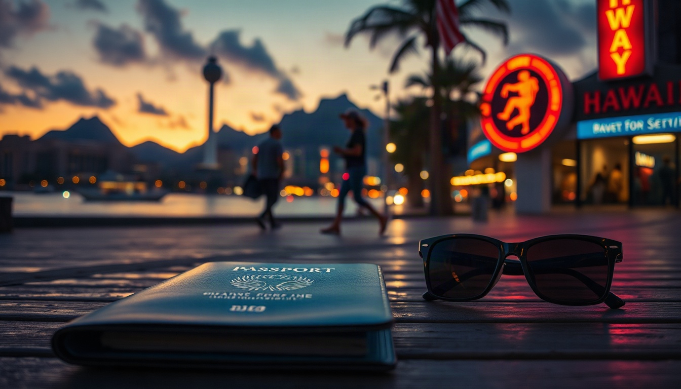하와이 여행 - flat lay of Hawaii travel essentials, passport, reef safe sunscreen, sunglasses, straw hat and hibiscus flower on white linen, overhead view