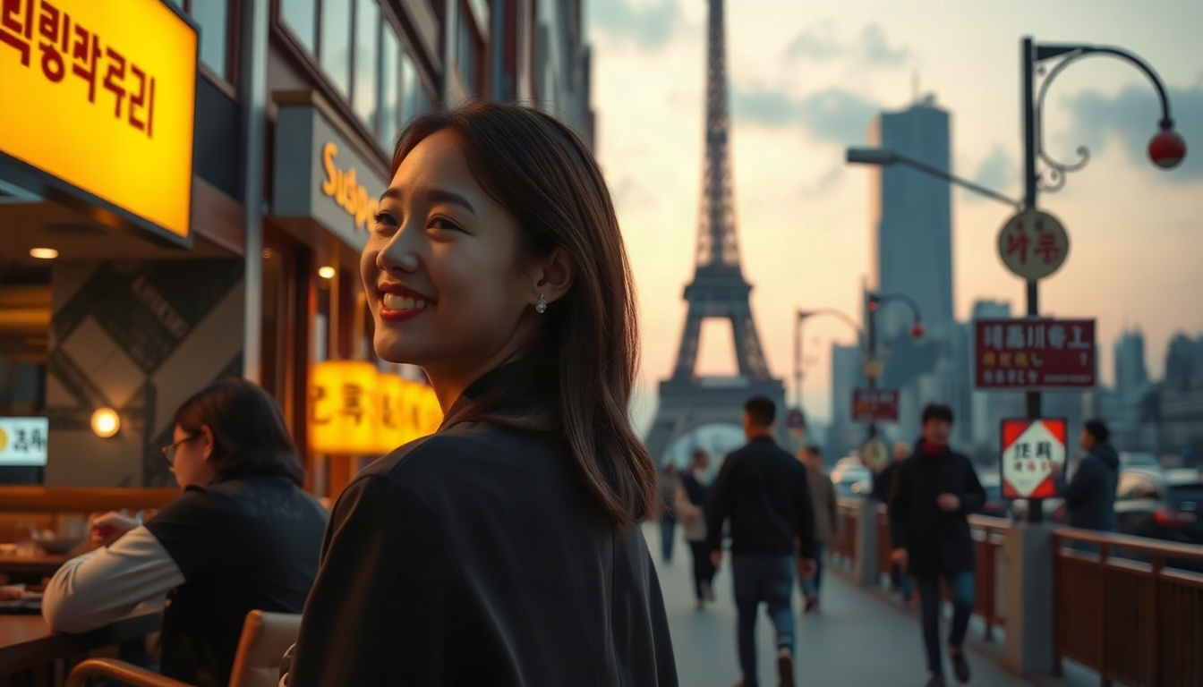 굿모닝경제 오마카세 - Korean woman upper body shot with face visible, smiling at a sushi omakase counter in Busan, natural hands holding chopsticks, cozy evening mood