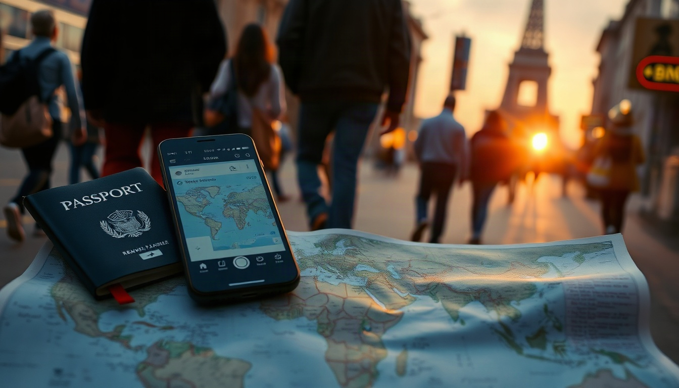 여행을 맡겨볼까 - overhead view of travel map, passport and smartphone showing AI travel planner app on wooden table, autumn leaves, let AI plan your travel concept, flat lay