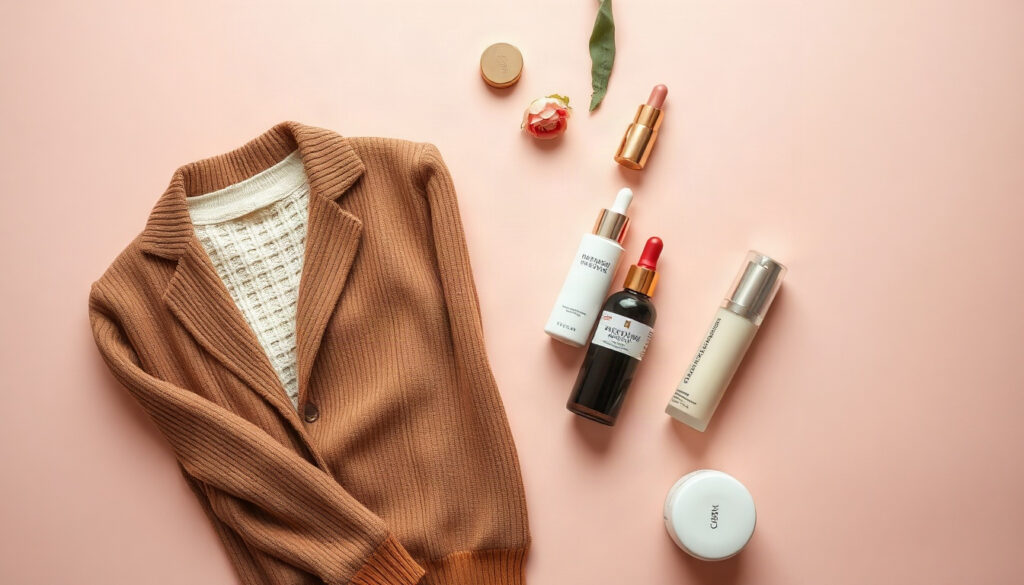 빈티지 패션 - flat lay of vintage fashion items, brown corduroy jacket, cable knit sweater, leather loafers and retro bag on wooden floor, overhead view