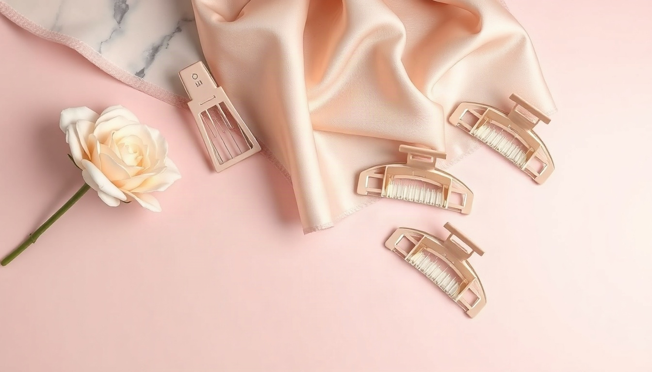 헤어 스타일 - flat lay overhead view of hair style accessories, claw clips, hair pins and scrunchies on beige knit fabric, autumn mood