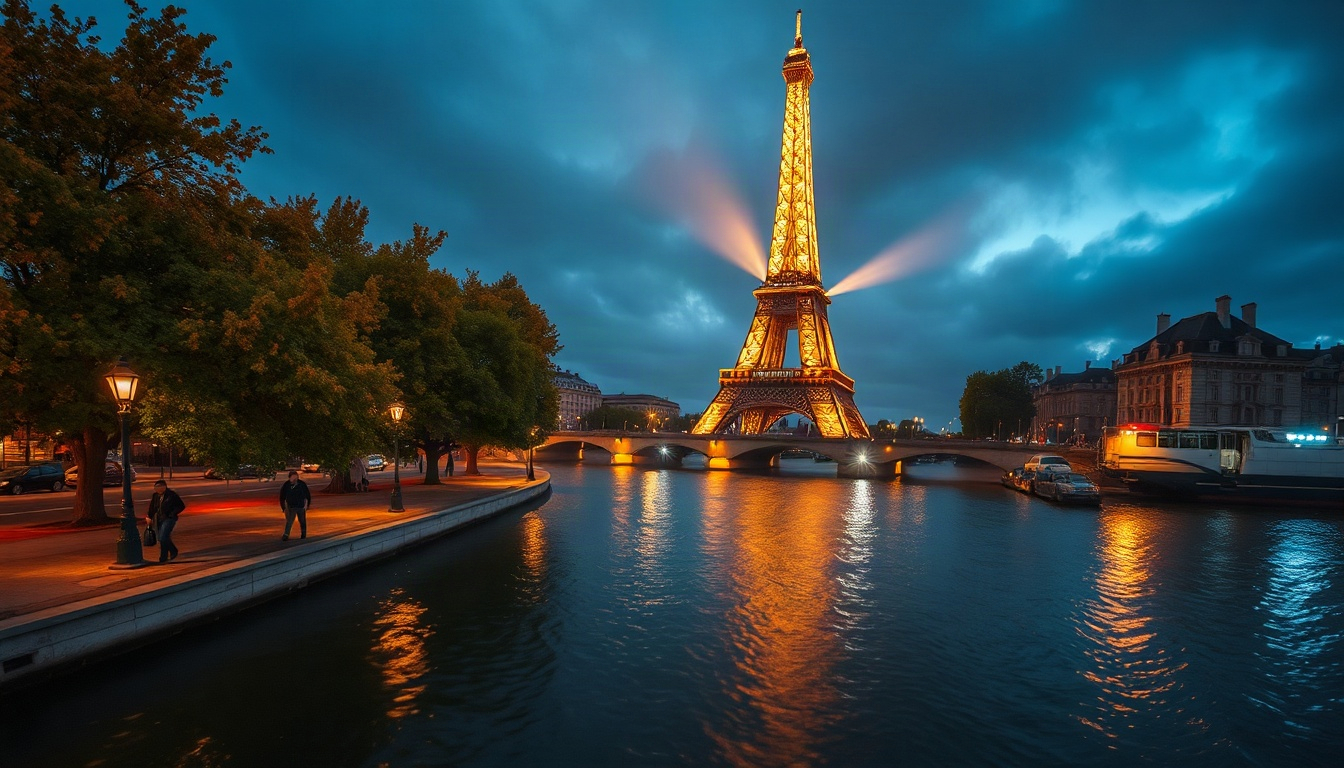 파리 여행 - Seine river in Paris with golden autumn trees and Eiffel Tower in soft morning light, Paris travel autumn scenery, wide landscape shot