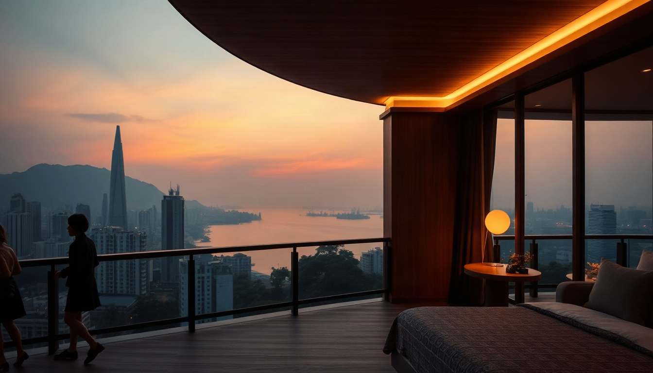 반얀트리 해운대 - Banyan Tree Haeundae Busan style luxury ocean view hotel room terrace with private pool at sunrise, overhead view, no people