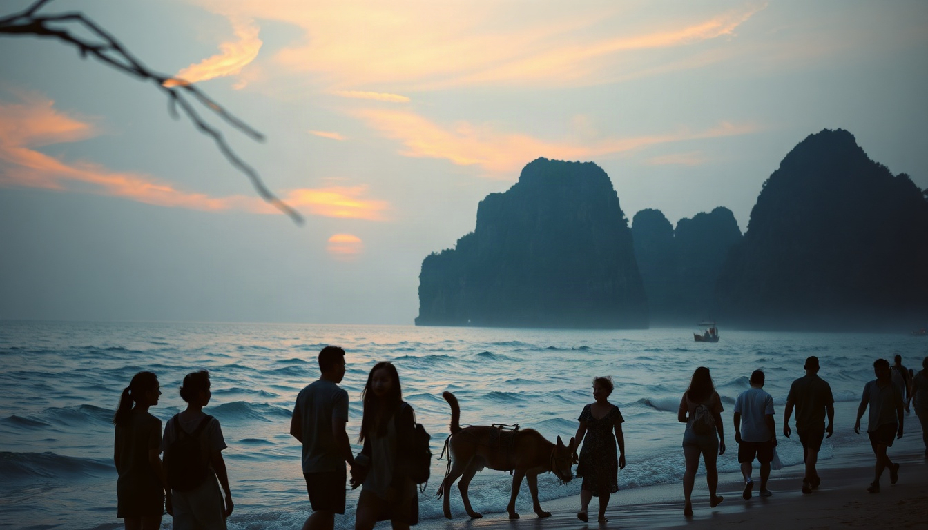 태국 여행 - Thailand travel tropical beach with turquoise water and limestone cliffs in Krabi, longtail boats on shore, sunny dry season